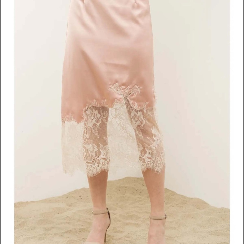 Elegant Peach Satin Skirt with Lace Trim